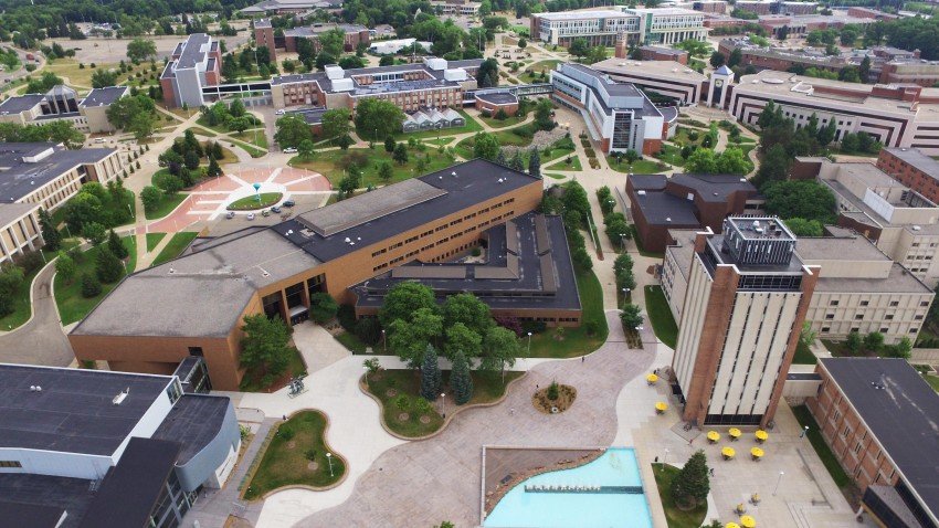 Aerial view from the Miller plaza facing north.