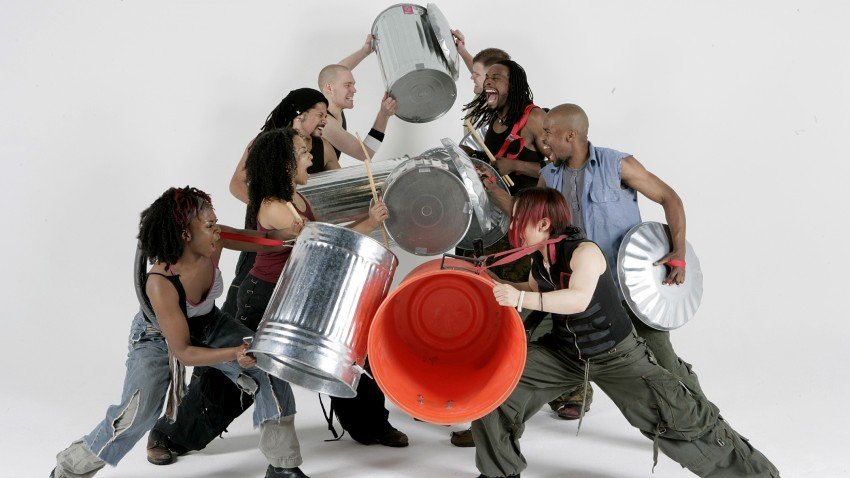 Photo of performers in Stomp.