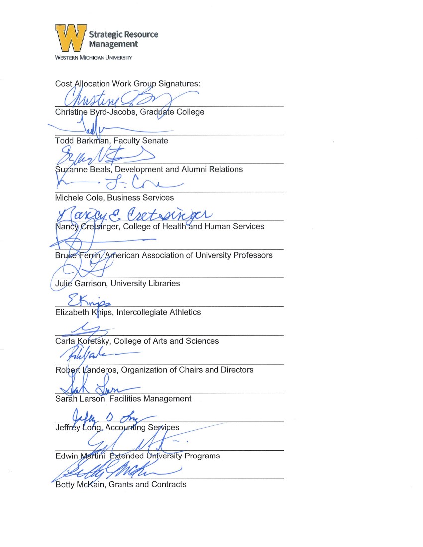 This is an image containing the signatures of members of the Cost Allocation work group: Christine Byrd-Jacobs, Todd Barkman, Suzanne Beals, Michele Cole, Nancy Cretsinger, Bruce Ferrin, Julie Garrison, Elizabeth Knips, Carla Koretsky, Robert Landeros, Sarah Larson, Jeffrey Long, Edwin Martini and Betty McKain.