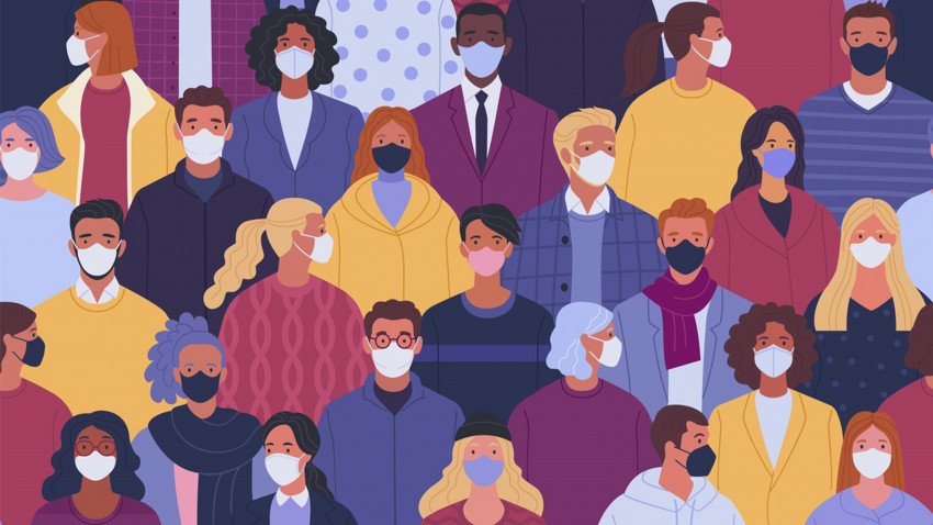 An animation of various people wearing protective face masks.