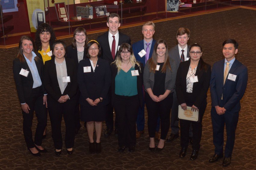 Photo of WMU accountancy students in front row, left to right, are Shannon Hill, Likun Sun, Jessica Chin, Angela Middaugh, Olivia Langdon, Veronicaa Mehta and Kevin Silitonga. In back row, left to right, are Lori Terrell, Shelby Christian, Max Fiebelkorn, Adrian Kunina and Norman Weber.