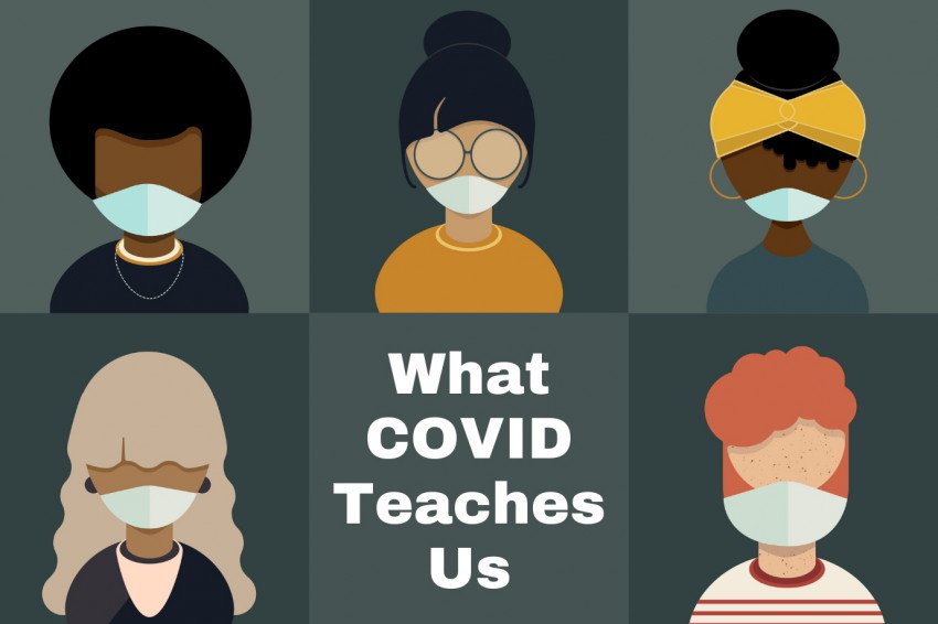 Image with the words What COVID Teaches Us and a grid of silhouettes of diverse people wearing masks