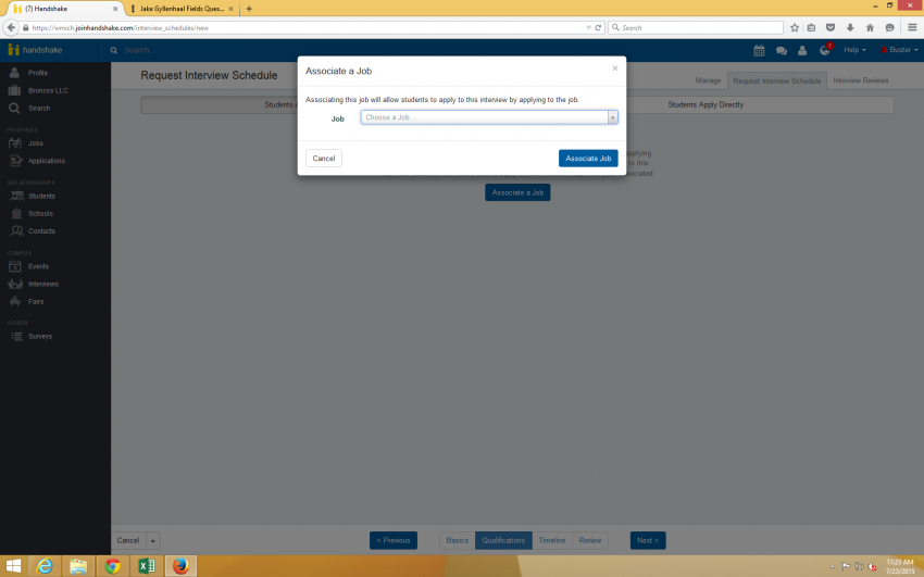 screen shot showing the "request interview schedule" form in Handshake with the pop up screen "associate a job"