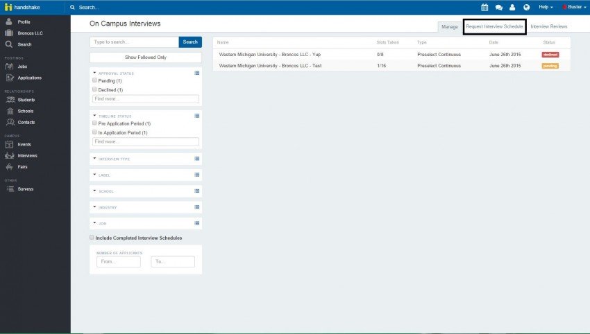 screen shot showing where to find "request interview schedule"