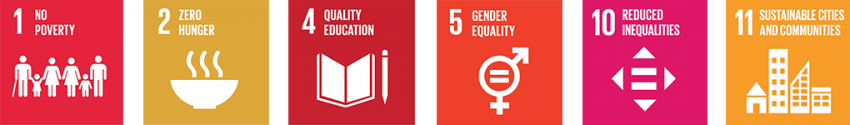 Icons for no poverty, zero hunger, quality education, gender equality, reduced inequalities and sustainable cities and communities