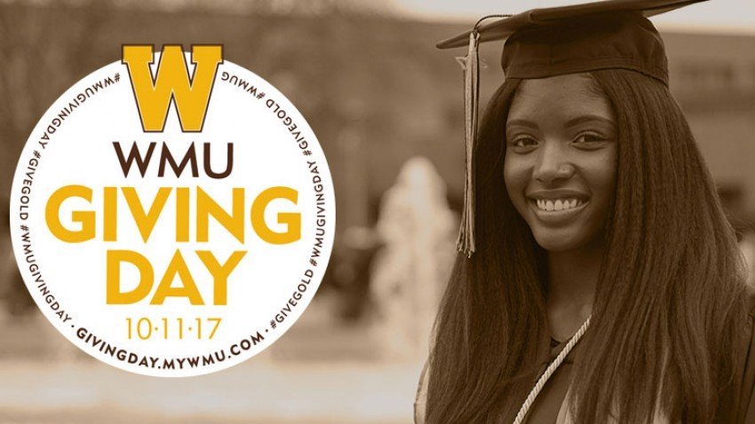 Photo of a WMU student dressed in her graduation gown and cap with the WMU Giving Day logo laid over a portion of the photo.