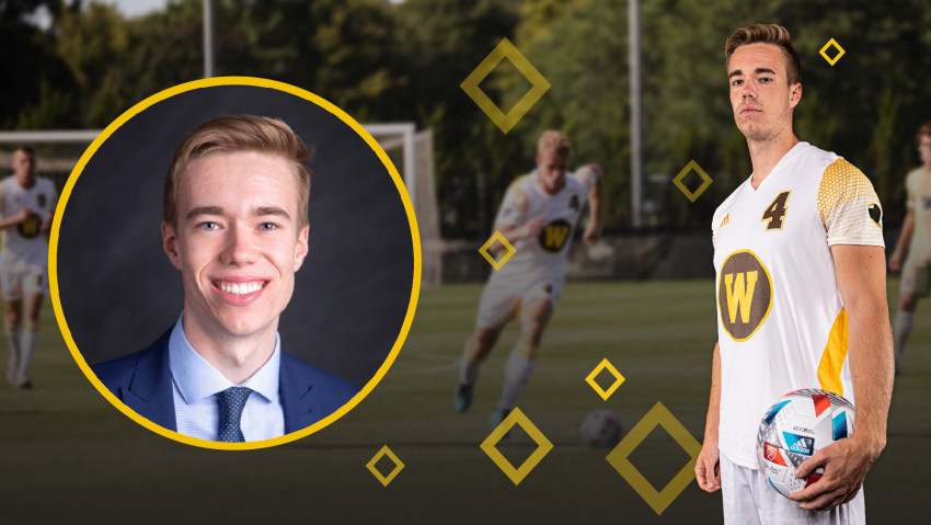 A collage of Philip Smith's professional headshot, Philip Smith in his soccer uniform and Philip Smith playing soccer on a field.