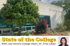 Photo of the LHC building with text details about the State of the College event.