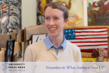 Dr. Christine Schott, a smiling woman with short hair wearing a pale yellow sweater and blue shirt, above the University Press Week logo and the words "November 16: What Author is Next UP?" 