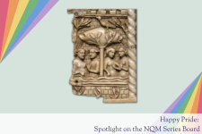 A pale green background with rainbow fans in the lower right and upper left corners. In the center is a fourteenth-century carved ivory panel depicting two couples under a tree in a walled garden. Purple text at the bottom reads Happy Pride: Spotlight on the NQM Series Board.