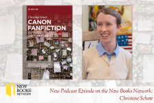 An image of the cover of Canon Fanfiction, by Christine Schott, next to an image of a smiling person with short, light hair in a white sweater and blue collared shirt