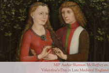 A medieval portrait of a newly married couple, both with long light brown hair, wearing red, white, and green formal clothing, holding hands and smiling at each other.