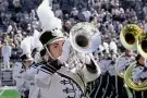 Photo of trumpeter in WMU Bronco Marching Band.