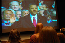 Photo of telecast of President Obama's inauguration.